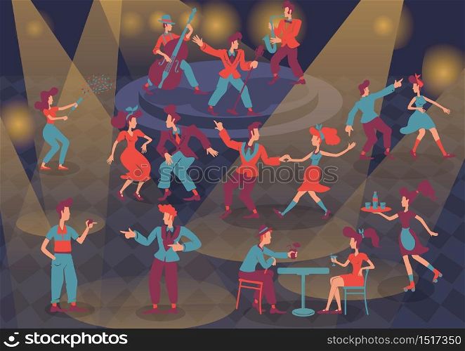 Retro people flat color vector faceless characters set. Jazz musicians and rock n roll dancers. Rockabilly 1950s style ladies and gentlemen isolated cartoon illustrations on spot light background
