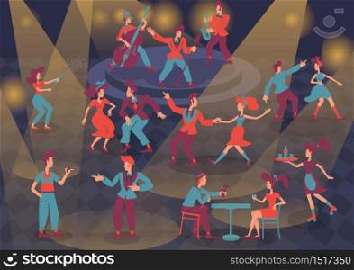 Retro people flat color vector faceless characters set. Jazz musicians and rock n roll dancers. Rockabilly 1950s style ladies and gentlemen isolated cartoon illustrations on spot light background