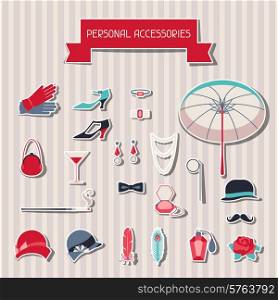 Retro personal accessories stickers of 1920s style.