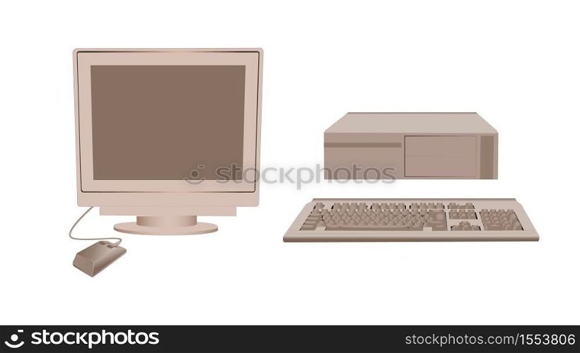 Retro personal computer. An old coffee colored gadget classic monitor with an outdated mouse and system flat block gaming working vector equipment from the 80s and 90s.. Retro personal computer. An old coffee colored gadget classic monitor with an outdated mouse.