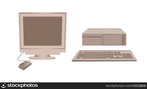 Retro personal computer. An old coffee colored gadget classic monitor with an outdated mouse and system flat block gaming working vector equipment from the 80s and 90s.. Retro personal computer. An old coffee colored gadget classic monitor with an outdated mouse.