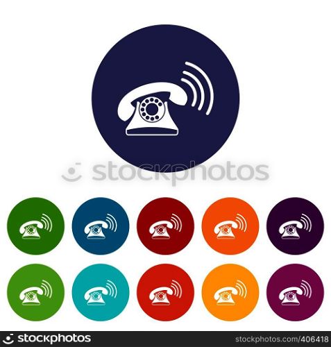 Retro phone set icons in different colors isolated on white background. Retro phone set icons