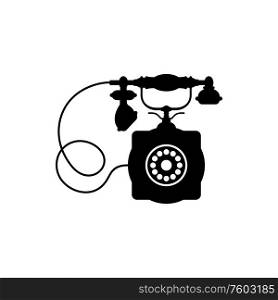 Retro phone with receiver on wires isolated monochrome silhouette. Vector vintage telephone with dial. Old telephone with dial and receiver isolated