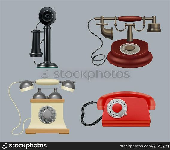 Retro phones realistic. Old style vintage gadgets ringing telephone for call center service decent vector illustrations set. Communication device old-fashioned, phone equipment collection. Retro phones realistic. Old style vintage gadgets ringing telephone for call center service decent vector illustrations set