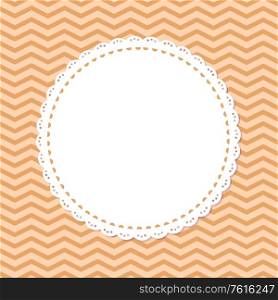 Retro photoframe, spare place in round frame isolated on striped pink or purple background. Vector poster template with ornamental gentle napkin. Retro Photoframe Spare Place in Round Frame Vector