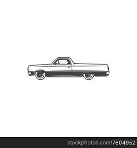 Retro pickup car icon, classic 1970s vehicle model. Vector isolated rare automobile garage symbol and vintage transport. Vintage pickup truck, retro vehicles