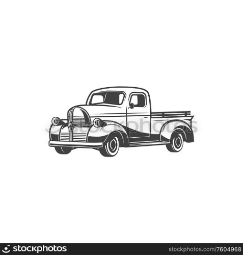 Retro pickup truck icon, vintage muscle car. Vector isolated antique motor vehicle model, rarity pickup truck transport. Vintage truck, antique retro muscle pickup car