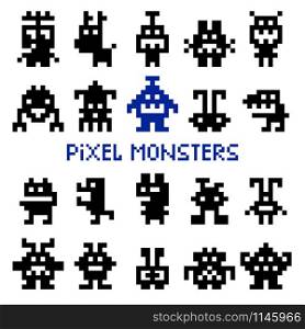 Retro pixel space monsters and video game alien invaders vector illustration. Retro pixel space monsters