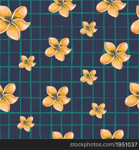 Retro plumeria flower seamless pattern on lines background. Exotic tropical wallpaper. Abstract botanical backdrop. Design for fabric , textile print, wrapping, cover. Vector illustration.. Retro plumeria flower seamless pattern on lines background.
