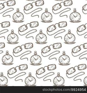 Retro pocket clock showing time and glasses for poor sign decorated with chain. Vintage accessories addition seamless pattern, elegance for gentlemen. Monochrome sketch outline, vector in flat style. Vintage clock and glasses with chain, monochrome seamless pattern