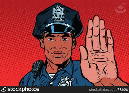 Retro police officer stop gesture, pop art retro vector illustration. Law and order. African American people. Close-up