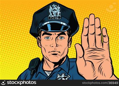 Retro police officer stop gesture, pop art retro vector illustration. Law and order. close-up