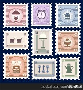 Retro postage stamps. Retro postage stamps on the theme of homes Things