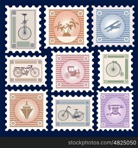 Retro postage stamps. Retro postage stamps on the theme of transport and bicycles