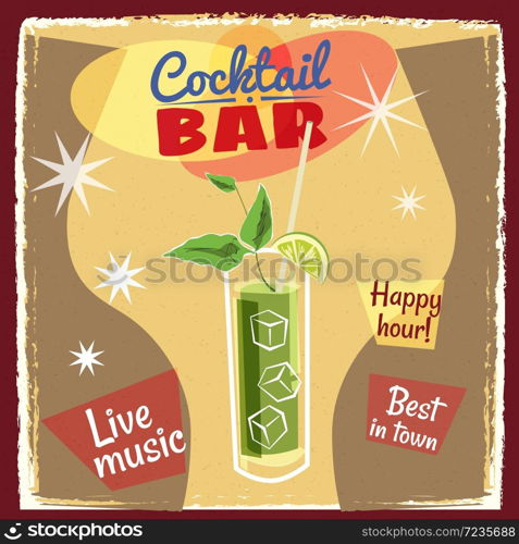 Retro poster design for cocktailbar. Vintage poster, happy hour, card for bar or restaurant.. Retro poster design for cocktailbar. Vintage poster, happy hour, card for bar or restaurant. Vector, isolated