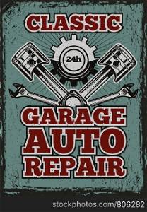 Retro poster of automobile theme with illustrations of different mechanic tools and details. Vector service repair, gear wheel, garage banner. Retro poster of automobile theme with illustrations of different mechanic tools and details