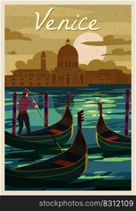Retro Poster Venice Italia. Sunset Grand Canal, gondolier, architecture, vintage style card. Vector illustration postcard isolated. Retro Poster Venice Italia. Sunset Grand Canal, gondolier, architecture, vintage style card. Vector illustration postcard