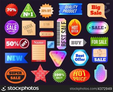 Retro price hologram sticker and sale labels in 90s style. Vintage discount tags. Trendy geometric shop and store offer stickers vector set. Illustration of retro sticker label, price sale tag. Retro price hologram sticker and sale labels in 90s style. Vintage discount tags. Trendy geometric shop and store offer stickers vector set
