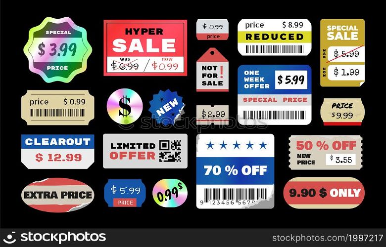 Retro price tag. Vintage discount and doodle holographic sticker. Grunge old round promotional label mockup. Isolated packaging ripped badge. Sale and limited offer icons. Vector torn store signs set. Retro price tag. Vintage discount and doodle holographic sticker. Grunge old round promotional label mockup. Packaging ripped badge. Sale and limited offer icons. Vector store signs set