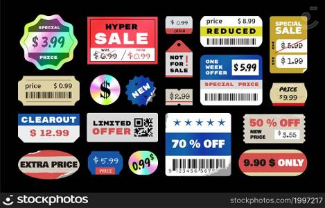 Retro price tag. Vintage discount and doodle holographic sticker. Grunge old round promotional label mockup. Isolated packaging ripped badge. Sale and limited offer icons. Vector torn store signs set. Retro price tag. Vintage discount and doodle holographic sticker. Grunge old round promotional label mockup. Packaging ripped badge. Sale and limited offer icons. Vector store signs set