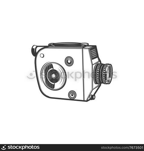 Retro projector old video camera isolated cam monochrome icon. Vector professional vintage photocamera, vintage cinematography footage recorder. Movie camera, motion pictures production device. Vintage cam cinema films projector isolated camera