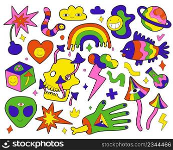 Retro psychedelic elements. Bright surreal hippie symbols. Acid colors stickers. Mushrooms and skull. Clouds with lightning. Rainbow or green alien head. Bomb explosion. Vector weird bright icons set. Retro psychedelic elements. Surreal hippie symbols. Acid colors stickers. Mushrooms and skull. Clouds with lightning. Rainbow or alien head. Bomb explosion. Vector weird bright icons set