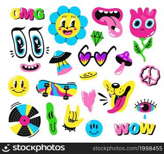 Retro psychedelic elements. Bright surreal objects, 60s 70s hippie culture symbols, acid colors icons, trendy creative stickers, flowers and crazy characters, vector cartoon flat style isolated set. Retro psychedelic elements. Bright surreal objects, 60s 70s hippie culture symbols, acid colors icon, trendy creative stickers, flowers and crazy characters, vector cartoon flat isolated set