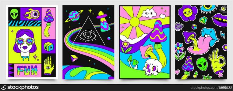 Retro psychedelic hippie posters with space, mushrooms and rainbows. 70s abstract covers with skull, floating eyes, crazy lips vector set. Bright ufo spacecraft and alien flying in universe