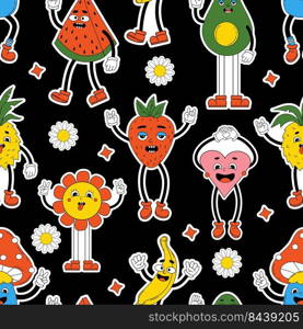 Retro psychedelic seamless patterns, groovy backgrounds. Vector hippy pattern with 70s, 80s vibes groovy elements funny comic cartoon characters with faces, gloved hands and feet on black background