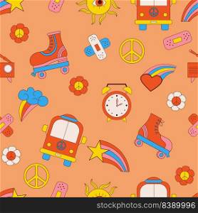 Retro psychedelic seamless patterns, groovy hippie backgrounds. Vector hippy pattern with 70s, 80s, 90s vibes groovy elements. Cartoon funky flower, band-aid, bus, sun and rollers on orange background