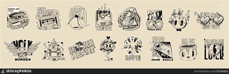 Retro psychedelic stickers, abstract comic patches and emoji in y2k style. Monochrome icons with mushrooms, smiling faces, vintage cassette, pager, dinosaur and burger, vector cartoon set. Retro psychedelic stickers, abstract comic patches