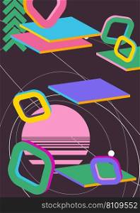 Retro psychodelic volumetric vector poster with vibrant geometrical graphic art. Simple geometric shapes background. Abstract busy old cartoon illustration banner.