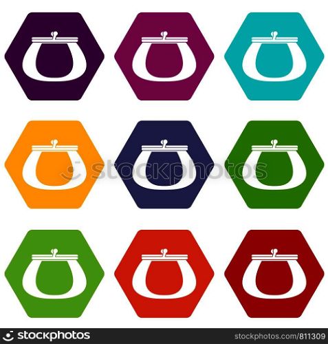 Retro purse icon set many color hexahedron isolated on white vector illustration. Retro purse icon set color hexahedron