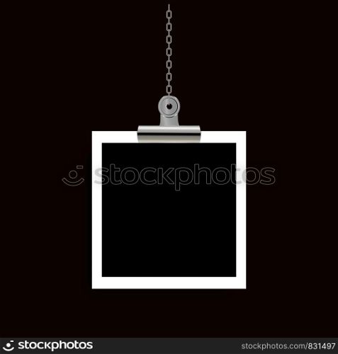 Retro realistic photo frame with paper clip isolated on gray background for template photo design. vector illustration