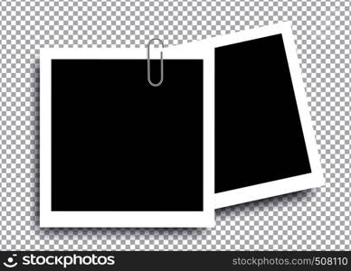 Retro realistic photo frame with paper clip isolated on transparent background for template photo design. vector illustration