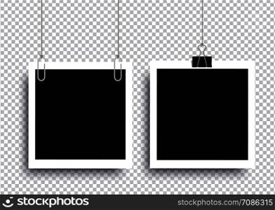 Retro realistic photo frame with paper clip isolated on transparent background for template photo design. vector illustration