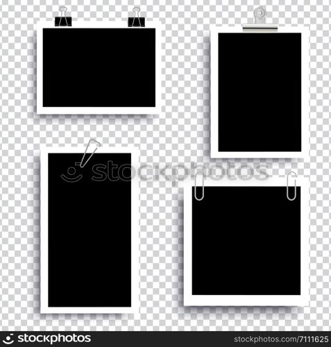 Retro realistic photo frame with paper clip isolated on transparent background for template photo design. vector illustration