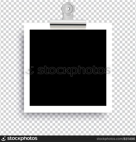 Retro realistic photo frame with paper clip isolated on transparent background for template photo design. vector illustration
