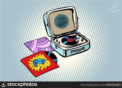 Retro record player, gramophone. Pop vinyl. Retro record player, gramophone. Pop vinyl. Comic cartoon pop art retro illustration vector drawing. Retro record player, gramophone. Pop vinyl