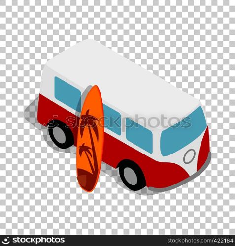 Retro red bus with yellow surfboard isometric icon 3d on a transparent background vector illustration. Retro red bus with yellow surfboard isometric icon