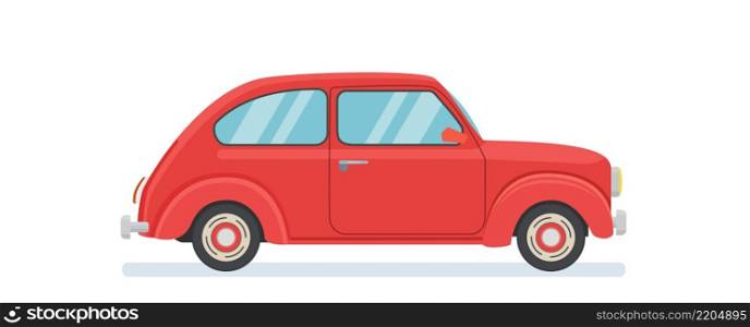 Retro red cartoon car Isolated on white background. Transport vehicle. Vector illustration in flat style. Red cartoon car