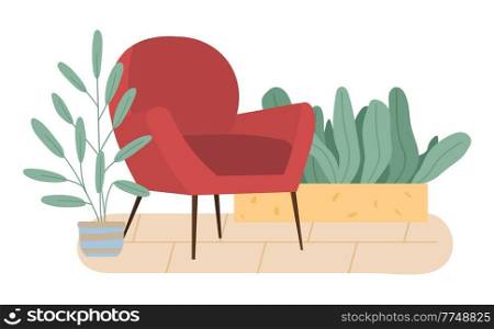 Retro red colored armchair and indoor plants in pots. Living room furniture design concept modern home interior element on white background. Modern comfortable armchair. Soft chair on wooden legs. Retro red armchair and plants in pots. Living room furniture design modern home interior element