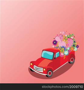 Retro red farmer pickup truck with colorful flowers and hearts card illustration.