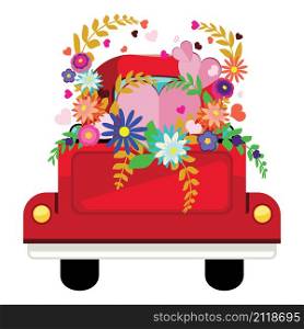 Retro red farmer pickup truck with colorful flowers and hearts illustration.