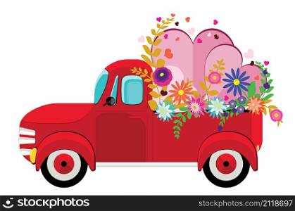 Retro red farmer pickup truck with colorful flowers and hearts illustration.