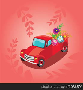 Retro red farmer pickup truck with colorful flowers, greeting card design.