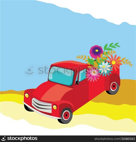 Retro red farmer pickup truck with colorful flowers, greeting card design.