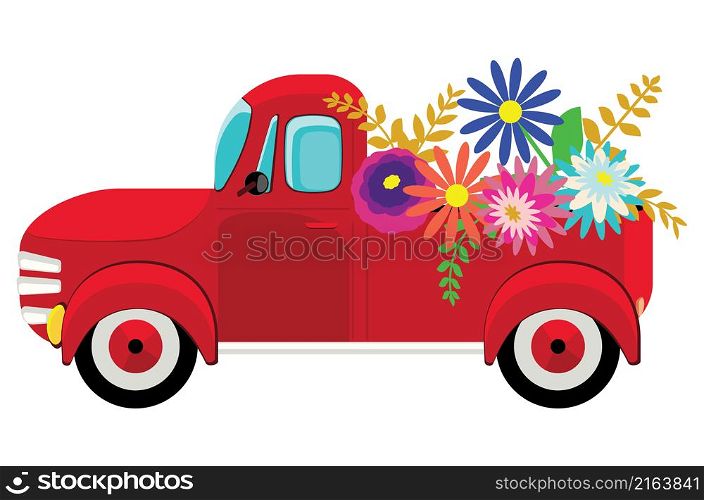 Retro red farmer pickup truck with colorful flowers illustration.
