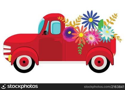 Retro red farmer pickup truck with colorful flowers illustration.