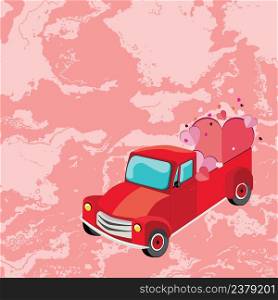 Retro red farmer pickup truck with colorful hearts greeting card illustration.